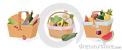 Wicker picnic baskets full of fruits, vegetable, cheese, bread and wine. Snack hamper baskets, beverage, dining, dish wicker Vector Illustration