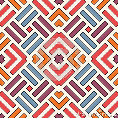Wicker seamless pattern. Basket weave motif. Bright colors geometric abstract background with overlapping stripes. Vector Illustration