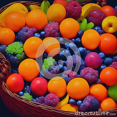 Wicker straw basket with an assortment of fruits and lemon, orange, grape, strawberry, berries Physalis, tangerine on a Stock Photo