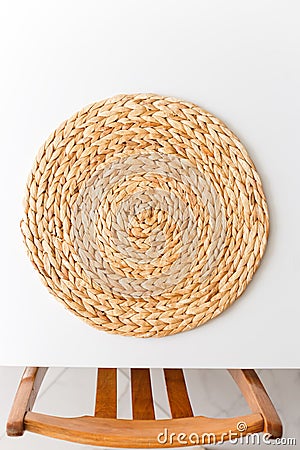 Wicker straw stand and chairin titchen. View from above. Flat lay, top view minimal social media template Stock Photo