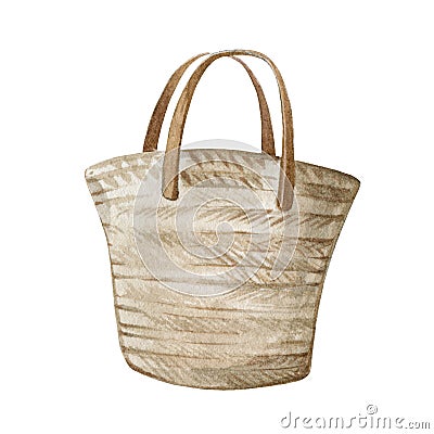 Wicker summer bag watercolor element. Hand drawn beach empty handbag on white background. Lifestyle package element of Cartoon Illustration