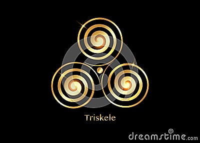 Triskelion or triskele symbol. Gold Triple spiral Celtic sacred sign. Wiccan fertility symbols logo design. Luxury Art print sign Vector Illustration