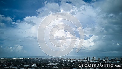 Wide aerialshot. Storm tropical clouds at day time. Formation of a thunderstorm front. Stock Photo