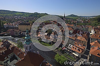 Wide-angle aerial landscape view of old town of Cesky Krumlov (Krumau). Famous czech historical beautiful town. Stock Photo