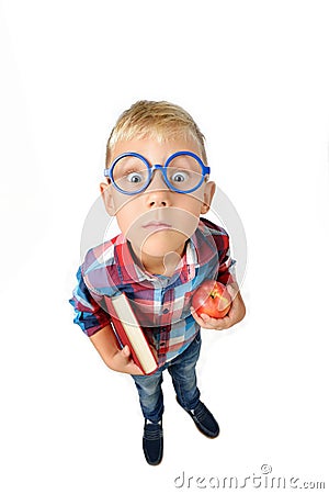 Wide angle full length portrait of boy a student in shirt in glasses hugging book and apple in hands, looking at camera, isolated Stock Photo