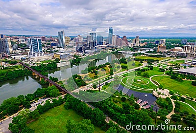 Wide Angle Green Paradise Over Modern Butler Park Capital City Skyline View of Austin Texas Stock Photo