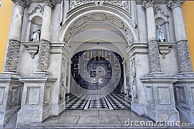 Catholic church entrance. wide angle, lima peru Stock Photo