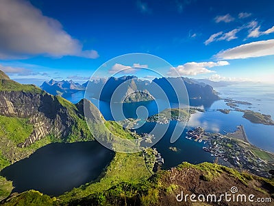 Wide Angle landscape over the Lofoten Islands from the Reinebringen Mountain, Norway Stock Photo