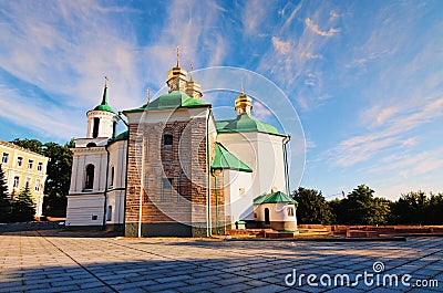 Wide-angle landscape view of ancient Church of the Saviour at Berestovo Editorial Stock Photo