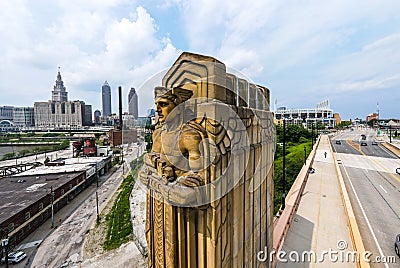 Wide angle of one of Cleveland's Guardian's of Transportation, Downtown and the stadium Editorial Stock Photo