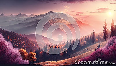 Wide angle panorama autumn forest,misty hills mountain tops in pink dawn Stock Photo