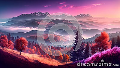 Wide angle panorama autumn forest,misty hills mountain tops in pink dawn Stock Photo