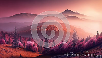 Wide angle panorama autumn forest,misty hills mountain tops in pink dawn Stock Photo