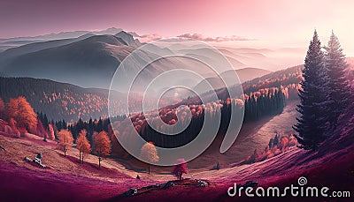 Wide angle panorama autumn forest,misty hills mountain tops in pink dawn Stock Photo