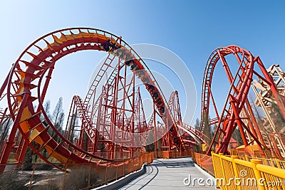 Wide-angle perspective of a roller coaster's steep drop, capturing the thrill and exhilaration of the ride. Generative AI Stock Photo