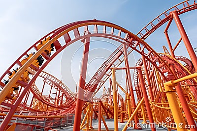 Wide-angle perspective of a roller coaster's steep drop, capturing the thrill and exhilaration of the ride. Generative AI Stock Photo