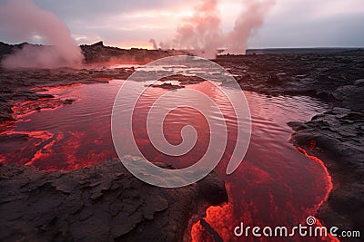 wide-angle shot of boiling lava lake in remote volcano Stock Photo