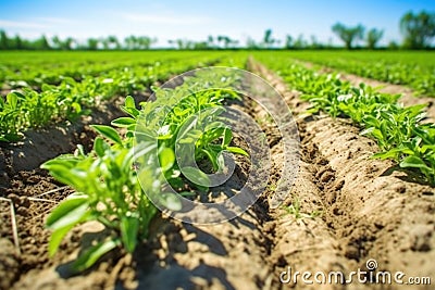 wide-angle shot of a field of young citrus seedlings Stock Photo