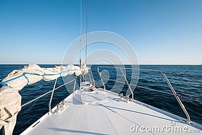 Wide angle shot of front of the yacht in summer time Stock Photo