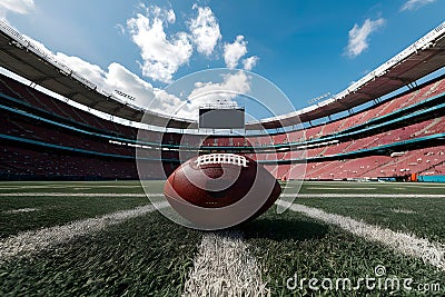 Wide angle view American football stadium with ball on ground photo, portraying sports venue Stock Photo