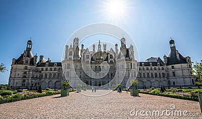 Wide angle view of Chateau Chambord with bright summer sun. Editorial Stock Photo
