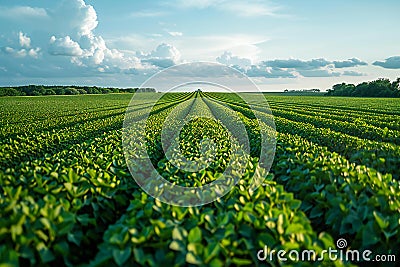 A wide-angle view of an expansive soybean field in the midwest, with rows upon rows stretching to the horizon, captured with Cartoon Illustration
