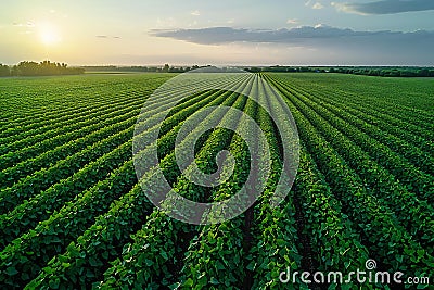 A wide-angle view of an expansive soybean field in the midwest, with rows upon rows stretching to the horizon, captured with Cartoon Illustration