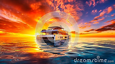 A wide-angle view of a luxurious catamaran sailing through a tropical paradise Stock Photo