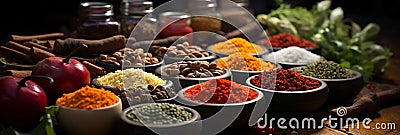 Wide banner image with different spices on a wooden table Stock Photo