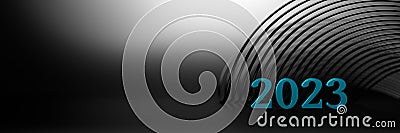 Wide banner with large year 2023 numbers and black decorative geometric line shape on black background Stock Photo