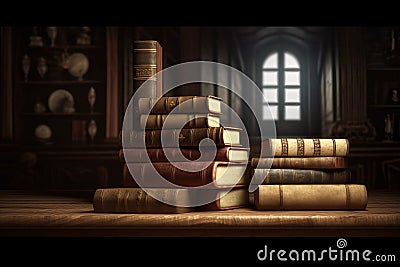 wide banner of old vintage library stack of antique books on old wooden table in fantasy medieval period with copyspace,Generative Stock Photo