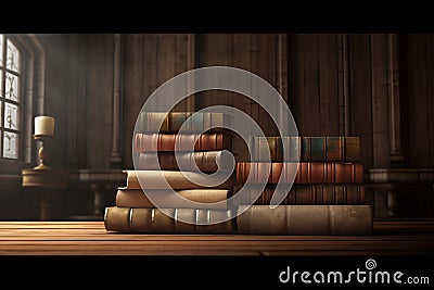 wide banner of old vintage library stack of antique books on old wooden table in fantasy medieval period with copyspace,Generative Stock Photo