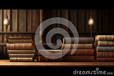 wide banner of old vintage library stack of antique books on old wooden table in fantasy medieval period with copyspace,Generative Stock Photo