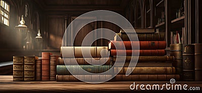 wide banner of old vintage library stack of antique books on old wooden table in fantasy medieval period with copyspace, Stock Photo