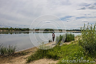 The river Oka to Murom, Russia overcast rainy summer day Editorial Stock Photo