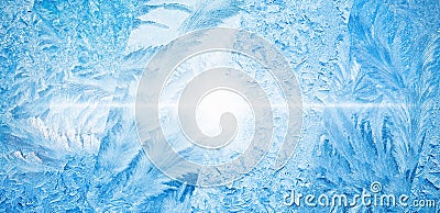 Wide blue winter background, collage of frozen icy windows Stock Photo