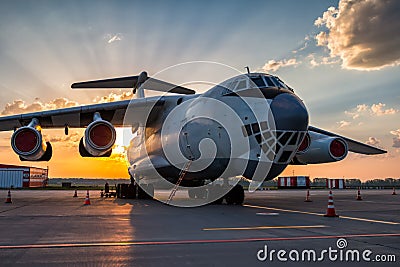 Wide body transport cargo aircraft at airport apron in the morning sun Stock Photo