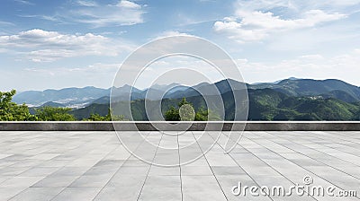 a wide city square surrounded by urban architecture, with a backdrop featuring lush green mountains during the summer Stock Photo