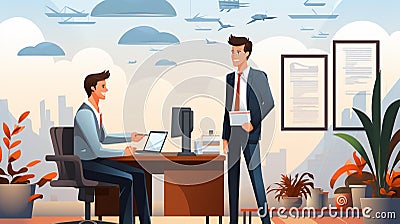 Two people talking at a office with latop and a book Cartoon Illustration