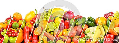 Wide collage of fruits, vegetables and berries separated by sloping lines isolated on white Stock Photo