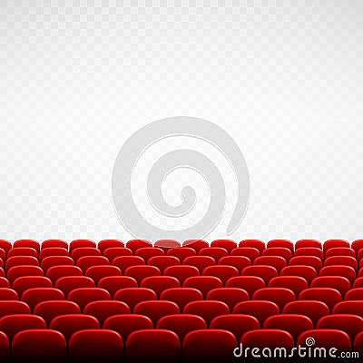 Wide empty theater auditorium with red seats. Rows of red cinema or theater seats in front of transparent background. Vector Vector Illustration