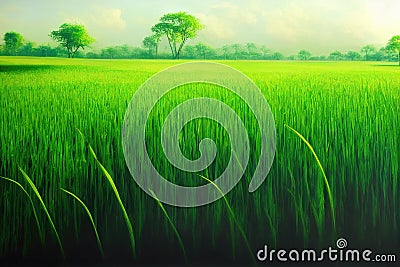 A wide famer agriculture land of rice plantation farm in planting season, green young rice filed in water under white Stock Photo