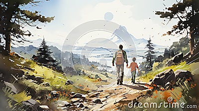 Wide format banner art illustration greeting watercolor card Happy Father's Day Cartoon Illustration