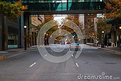 A wide four lane street downtown with cars driving surrounded by yellow autumn trees and bare winter trees Editorial Stock Photo