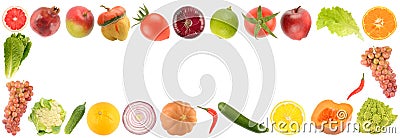 Wide frame fresh fruits, vegetables and berries isolated on white background Stock Photo