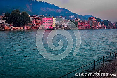 Wide Ganga river during cloudy day in Haridwar India Stock Photo