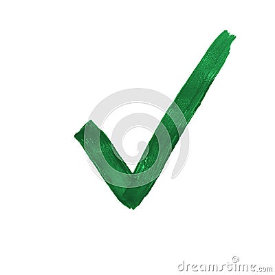 Wide green tick drawn with a brush on white paper Stock Photo