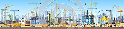 Wide head banner of city skyline construction process. Tower cranes on construction site. Buildings under construction. Vector Illustration