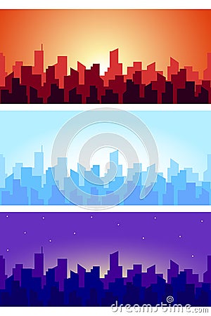 Wide horizontal cityscape at different times. Seamless panorama of skyscrapers roof silhouettes in the morning, afternoon and Cartoon Illustration