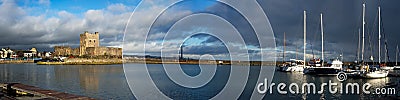 Wide Panorama of Carrickfergus castle and marina near Belfast Stock Photo